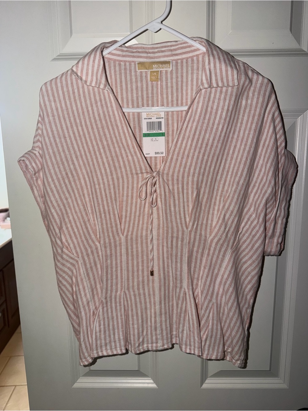 Michael Kors Pink and White Striped Tie-Neck Short Sleeve Top